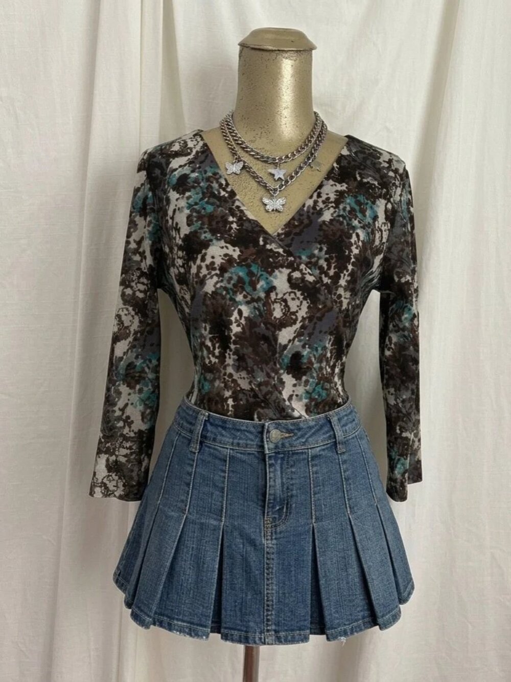 Y2K Coldwater Creek Brown Blue Floral Top Blouse 3/4 Sleeves S Boho Fairy Whimsy